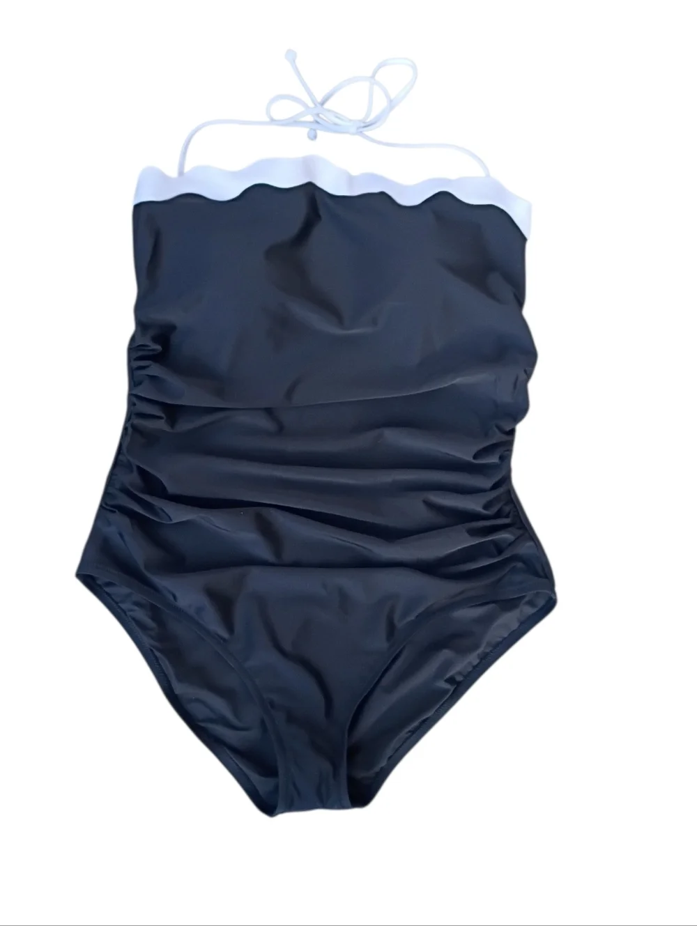 J. Crew 1-Piece Black Swimsuit with White Scallop Trim sz L NEW